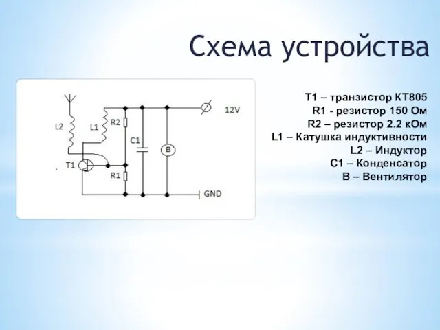 T1 – транзистор КТ805 R1 - резистор 150 Ом R2