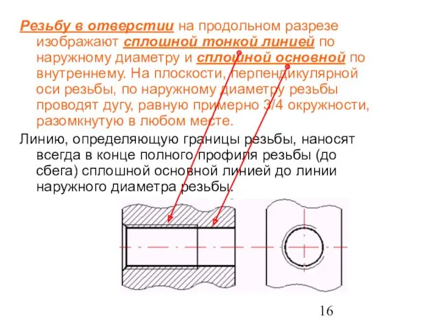 Резьбу в отверстии на продольном разрезе изображают сплошной тонкой линией