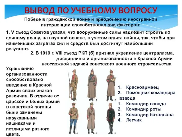 Укреплению организованности способствовало введение в Красной Армии своих знаков различия. В отличие от