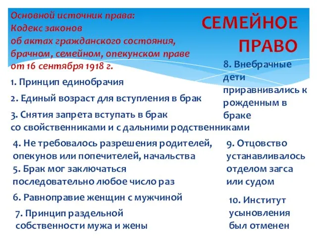 СЕМЕЙНОЕ ПРАВО Основной источник права: Кодекс законов об актах гражданского состояния, брачном, семейном,