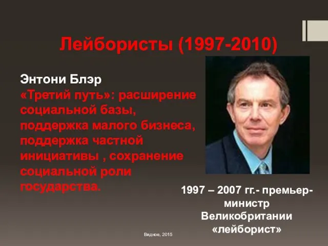 Лейбористы (1997-2010) Видное, 2015 Энтони Блэр «Третий путь»: расширение социальной