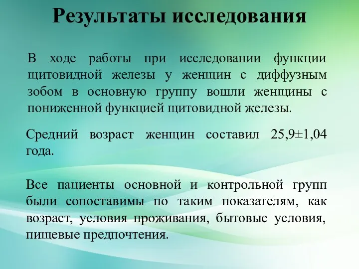 Результаты исследования Средний возраст женщин составил 25,9±1,04 года. Все пациенты