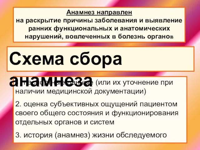 Анамнез направлен на раскрытие причины заболевания и выявление ранних функциональных