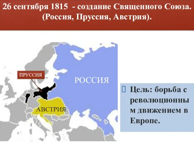 26 сентября 1815 - создание Священного Союза. (Россия, Пруссия, Австрия).