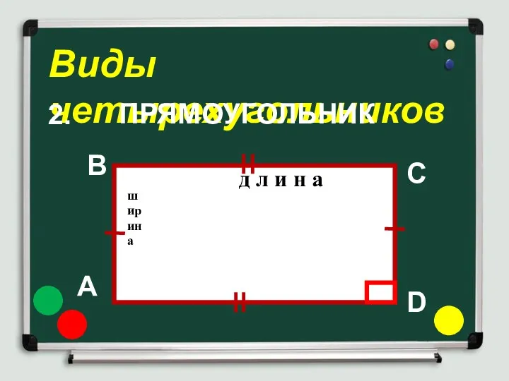 Виды четырехугольников ПРЯМОУГОЛЬНИК А B C D 2. д л и н а ширина