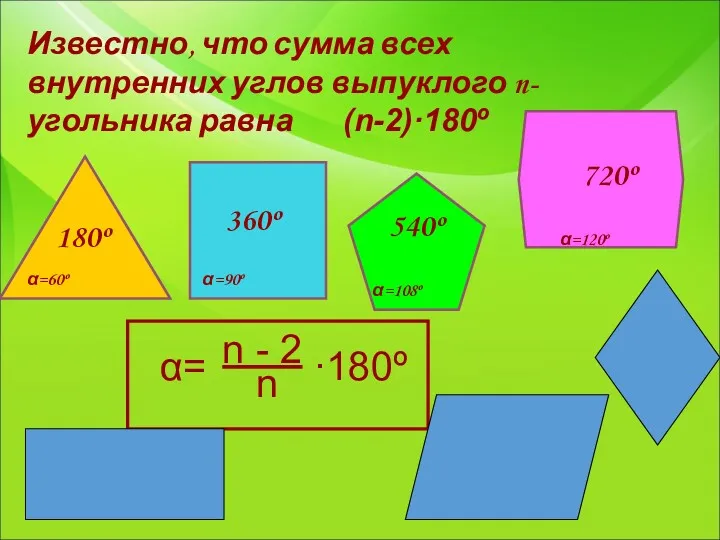 Известно, что сумма всех внутренних углов выпуклого n-угольника равна (n-2)·180º