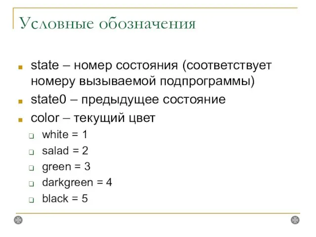 Условные обозначения state – номер состояния (соответствует номеру вызываемой подпрограммы)