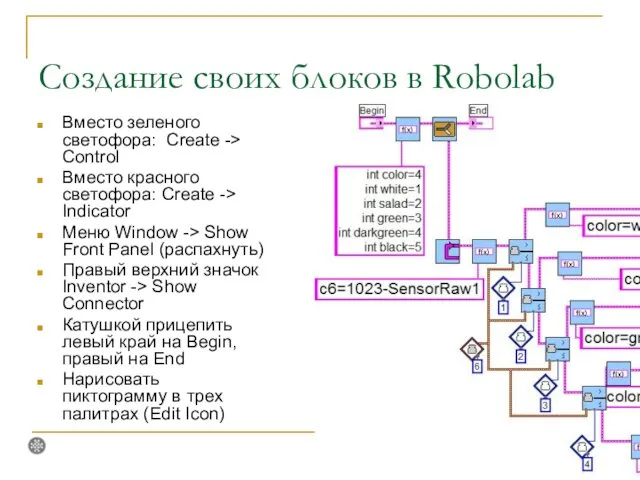 Создание своих блоков в Robolab Вместо зеленого светофора: Create ->