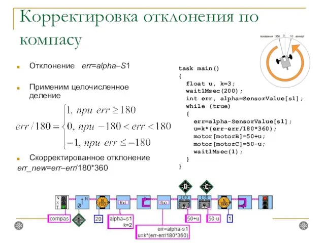 Корректировка отклонения по компасу Отклонение err=alpha–S1 Применим целочисленное деление Скорректированное