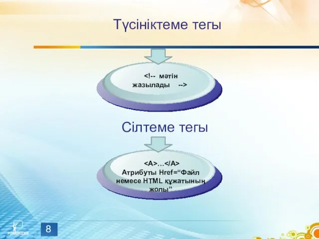 Сілтеме тегы Түсініктеме тегы … Атрибуты Href=“Файл немесе HTML құжатының жолы”