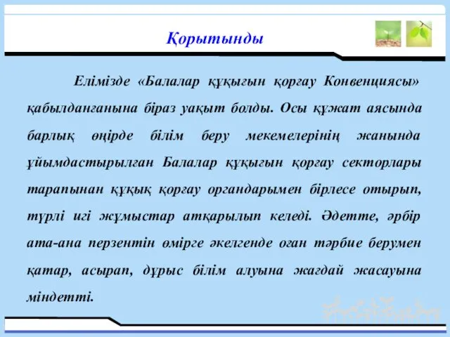 Қорытынды Елімізде «Балалар құқығын қорғау Конвенциясы» қабылданғанына біраз уақыт болды.