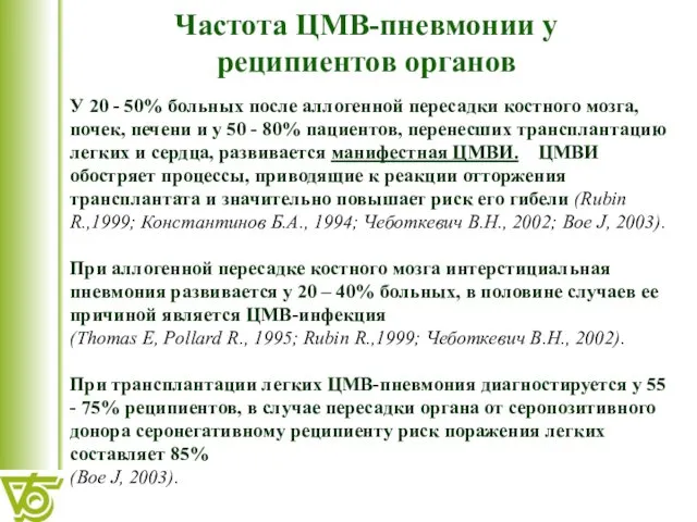 Частота ЦМВ-пневмонии у реципиентов органов У 20 - 50% больных