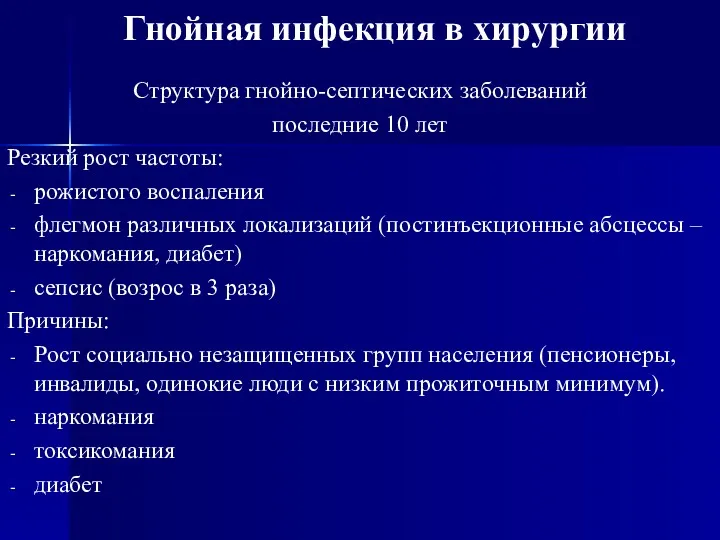 Гнойная инфекция в хирургии Структура гнойно-септических заболеваний последние 10 лет Резкий рост частоты: