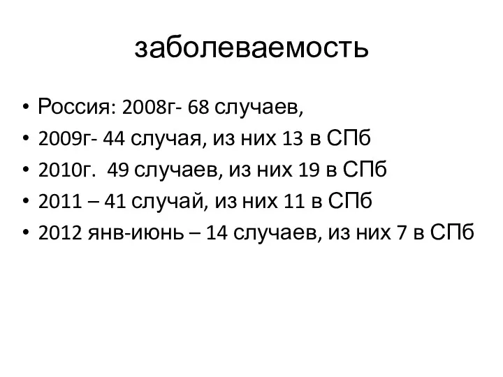 заболеваемость Россия: 2008г- 68 случаев, 2009г- 44 случая, из них 13 в СПб