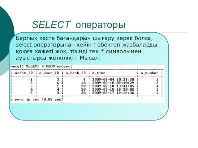 SELECT операторы Барлық кесте бағандарын шығару керек болса, select операторынан