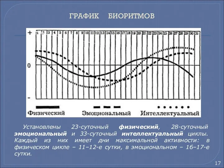 ГРАФИК БИОРИТМОВ Установлены 23-суточный физический, 28-суточный эмоциональный и 33-суточный интеллектуальный