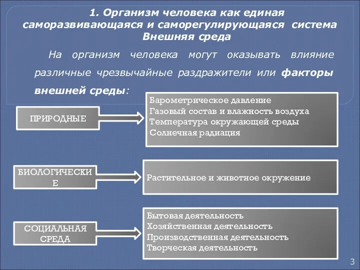 1. Организм человека как единая саморазвивающаяся и саморегулирующаяся система Внешняя среда На организм