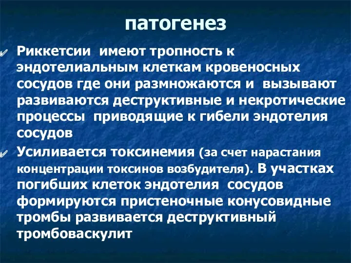 патогенез Риккетсии имеют тропность к эндотелиальным клеткам кровеносных сосудов где