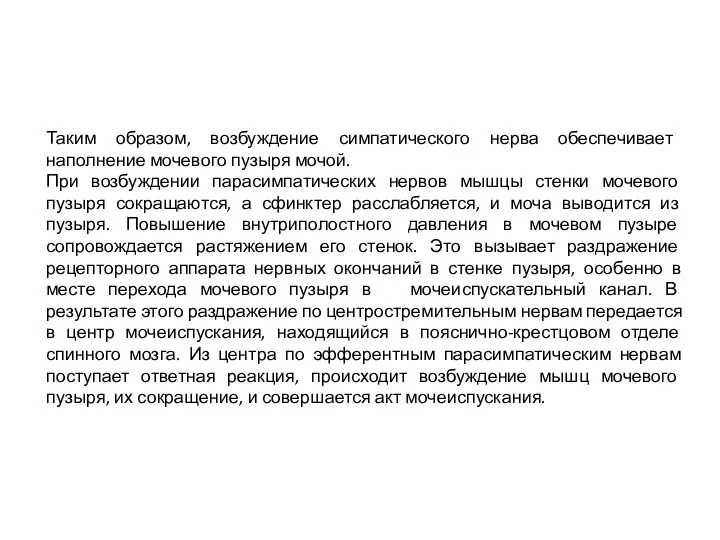 Таким образом, возбуждение симпатического нерва обеспечивает наполнение мочевого пузыря мочой.