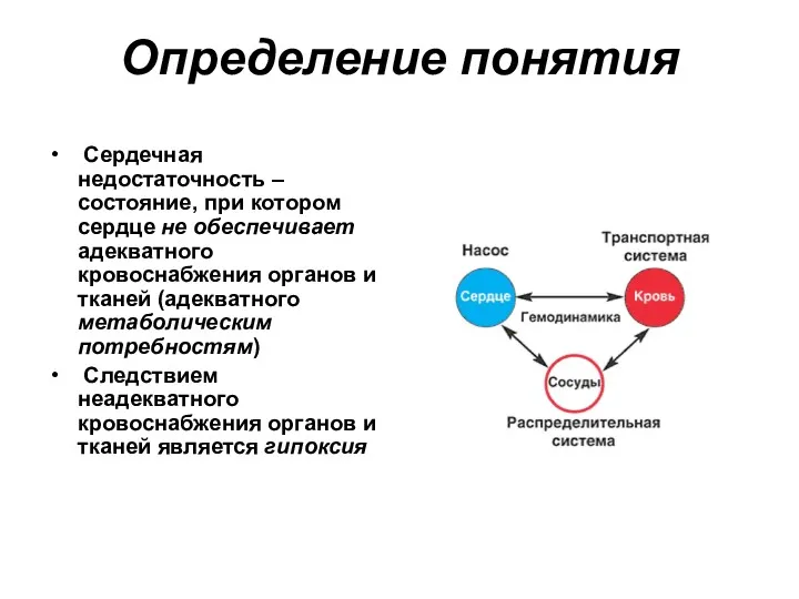 Определение понятия Сердечная недостаточность –состояние, при котором сердце не обеспечивает