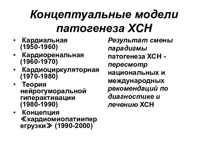 Концептуальные модели патогенеза ХСН Кардиальная (1950-1960) Кардиоренальная (1960-1970) Кардиоциркуляторная (1970-1980)