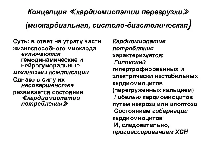 Концепция ≪кардиомиопатии перегрузки≫ (миокардиальная, систоло-диастолическая) Суть: в ответ на утрату