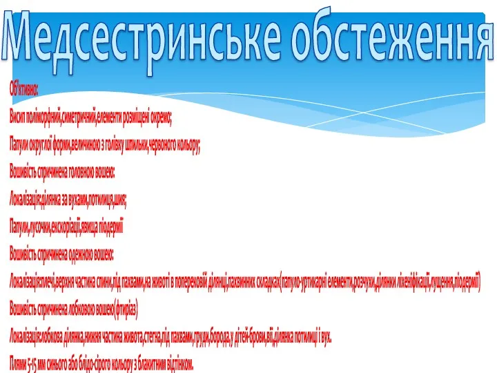 Об’ктивно: Висип поліморфний,симетричний,елементи розміщені окремо; Папули округлої форми,величиною з голівку