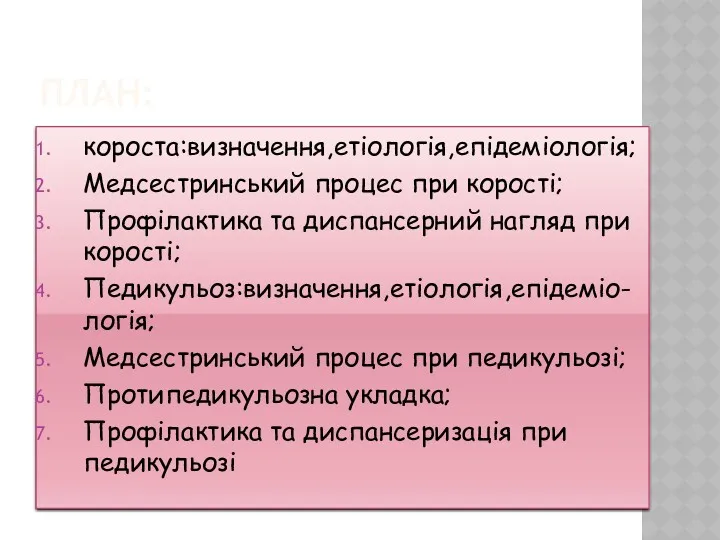 ПЛАН: короста:визначення,етіологія,епідеміологія; Медсестринський процес при корості; Профілактика та диспансерний нагляд