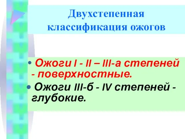 Двухстепенная классификация ожогов Ожоги I - II – III-а степеней - поверхностные. Ожоги