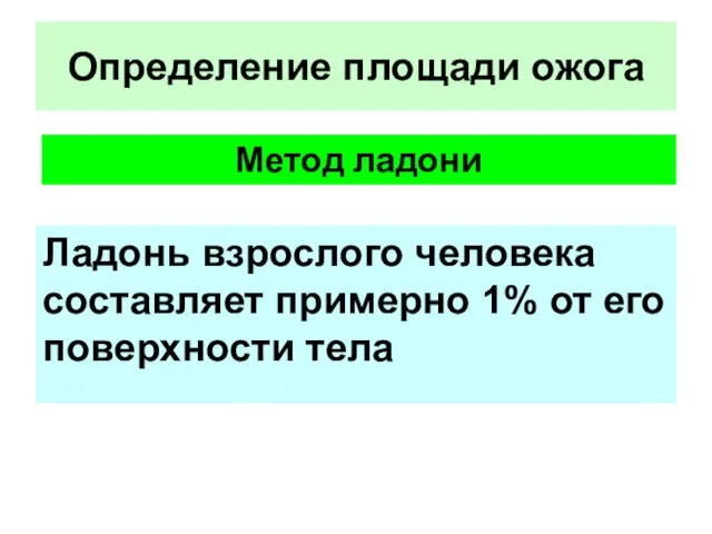 Ладонь взрослого человека составляет примерно 1% от его поверхности тела Определение площади ожога Метод ладони