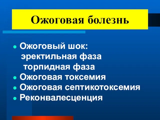 Ожоговый шок: эректильная фаза торпидная фаза Ожоговая токсемия Ожоговая септикотоксемия Реконвалесценция Ожоговая болезнь