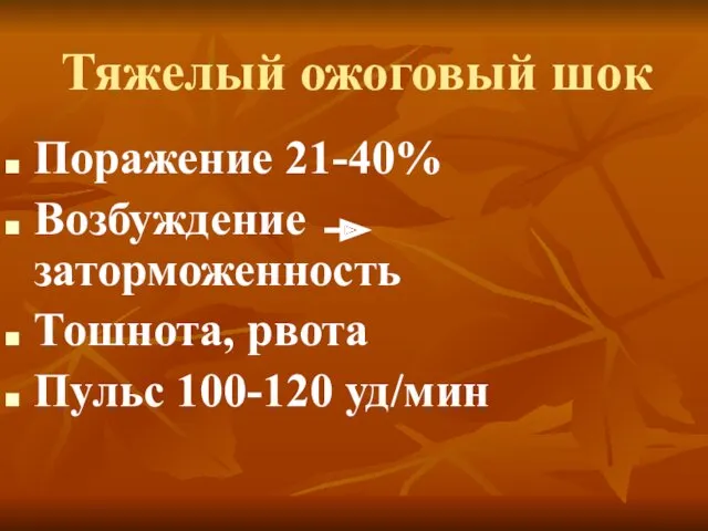 Поражение 21-40% Возбуждение заторможенность Тошнота, рвота Пульс 100-120 уд/мин Тяжелый ожоговый шок