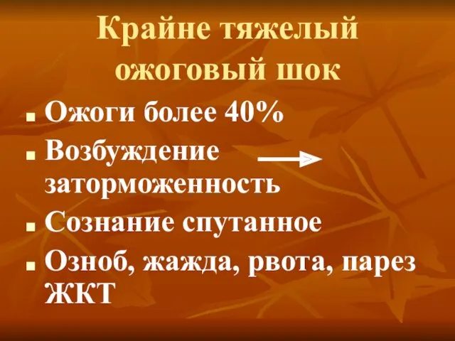 Ожоги более 40% Возбуждение заторможенность Сознание спутанное Озноб, жажда, рвота, парез ЖКТ Крайне тяжелый ожоговый шок