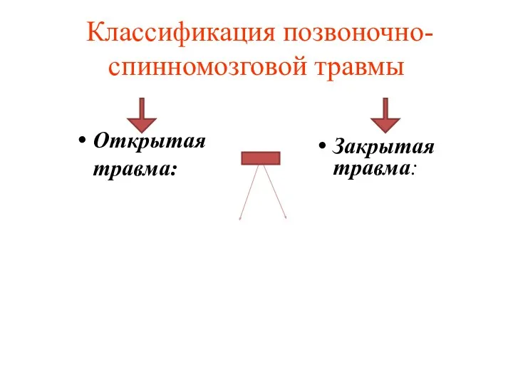 Классификация позвоночно- спинномозговой травмы Открытая травма: Закрытая травма: С повреждением спинного мозга Без повреждения спинного мозга