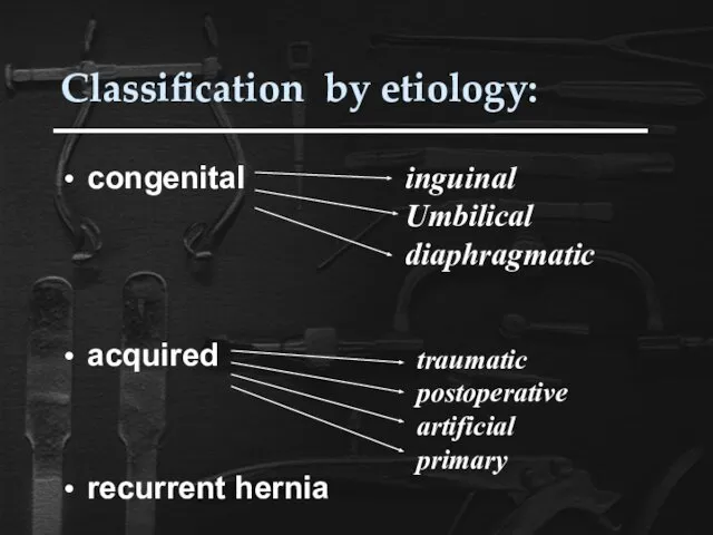 Classification by etiology: congenital acquired recurrent hernia inguinal Umbilical diaphragmatic traumatic postoperative artificial primary