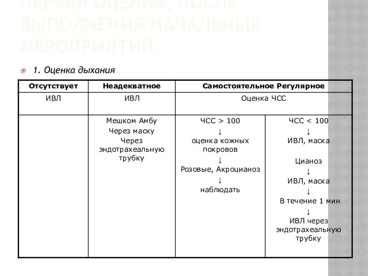 ПЕРВАЯ ОЦЕНКА, ПОСЛЕ ВЫПОЛНЕНИЯ НАЧАЛЬНЫХ МЕРОПРИЯТИЙ. 1. Оценка дыхания