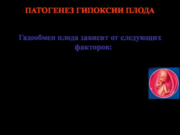 ПАТОГЕНЕЗ ГИПОКСИИ ПЛОДА Газообмен плода зависит от следующих факторов: содержания