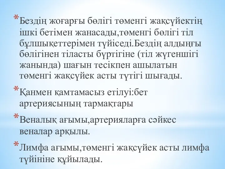 Бездің жоғарғы бөлігі төменгі жақсүйектің ішкі бетімен жанасады,төменгі бөлігі тіл