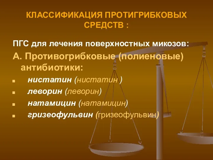 КЛАССИФИКАЦИЯ ПРОТИГРИБКОВЫХ СРЕДСТВ : ПГС для лечения поверхностных микозов: А.