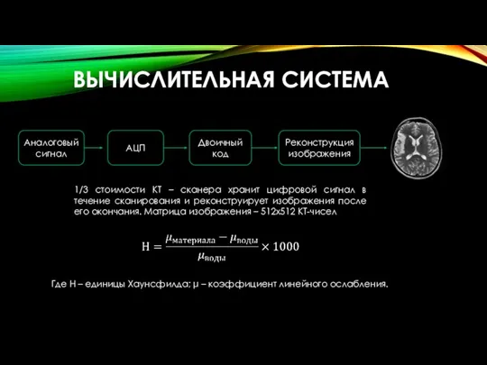 ВЫЧИСЛИТЕЛЬНАЯ СИСТЕМА Аналоговый сигнал АЦП Двоичный код Реконструкция изображения 1/3