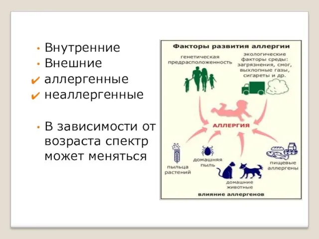 Внутренние Внешние аллергенные неаллергенные В зависимости от возраста спектр может меняться