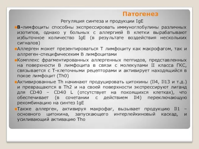 Патогенез Регуляция синтеза и продукции IgE В-лимфоциты способны экспрессировать иммуноглобулины