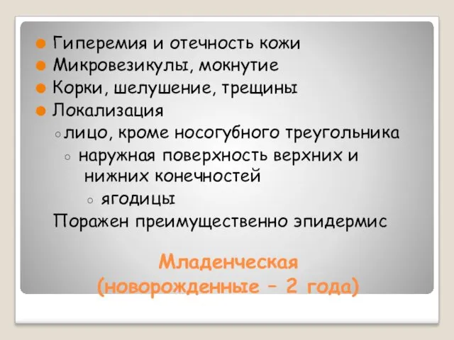 Младенческая (новорожденные – 2 года) Гиперемия и отечность кожи Микровезикулы,