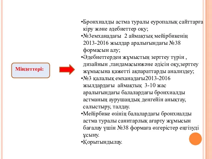 Міндеттері: Бронхиалды астма туралы еуропалық сайттарға кіру және әдебиеттер оқу; №3емханадағы 2 аймақтық