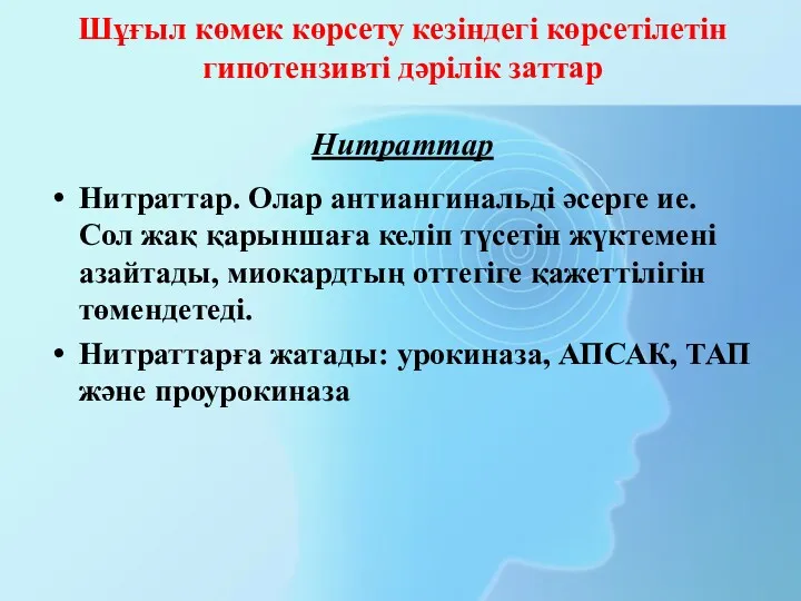 Шұғыл көмек көрсету кезіндегі көрсетілетін гипотензивті дәрілік заттар Нитраттар Нитраттар.