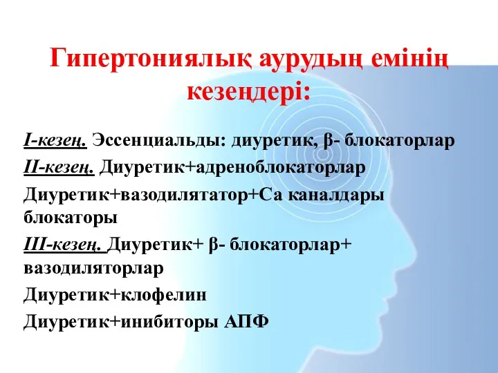 І-кезең. Эссенциальды: диуретик, β- блокаторлар ІІ-кезең. Диуретик+адреноблокаторлар Диуретик+вазодилятатор+Са каналдары блокаторы