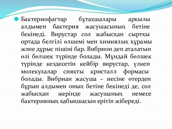 Бактериофагтар бұтақшалары арқылы алдымен бактерия жасушасының бетіне бекінеді. Вирустар сол жабысқан сыртқы ортада