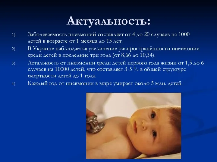 Актуальность: Заболеваемость пневмоний составляет от 4 до 20 случаев на 1000 детей в