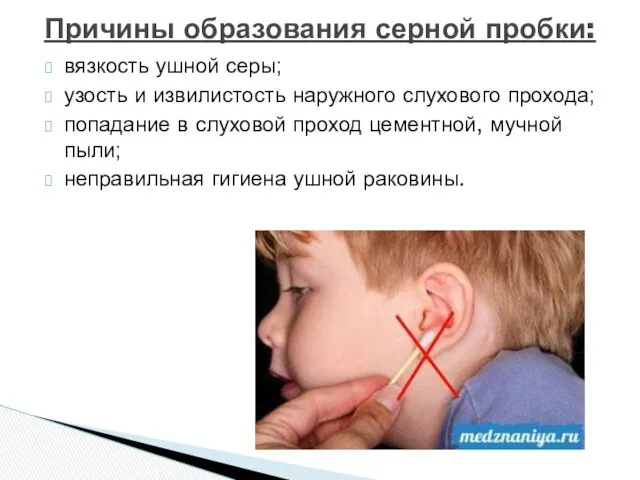 вязкость ушной серы; узость и извилистость наружного слухового прохода; попадание