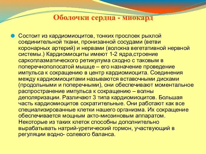 Состоит из кардиомиоцитов, тонких прослоек рыхлой соединительной ткани, пронизанной сосудами